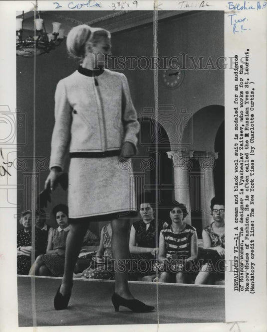 1967 Moscow women watch a fashion model sporting a wool suit, Russia-Historic Images