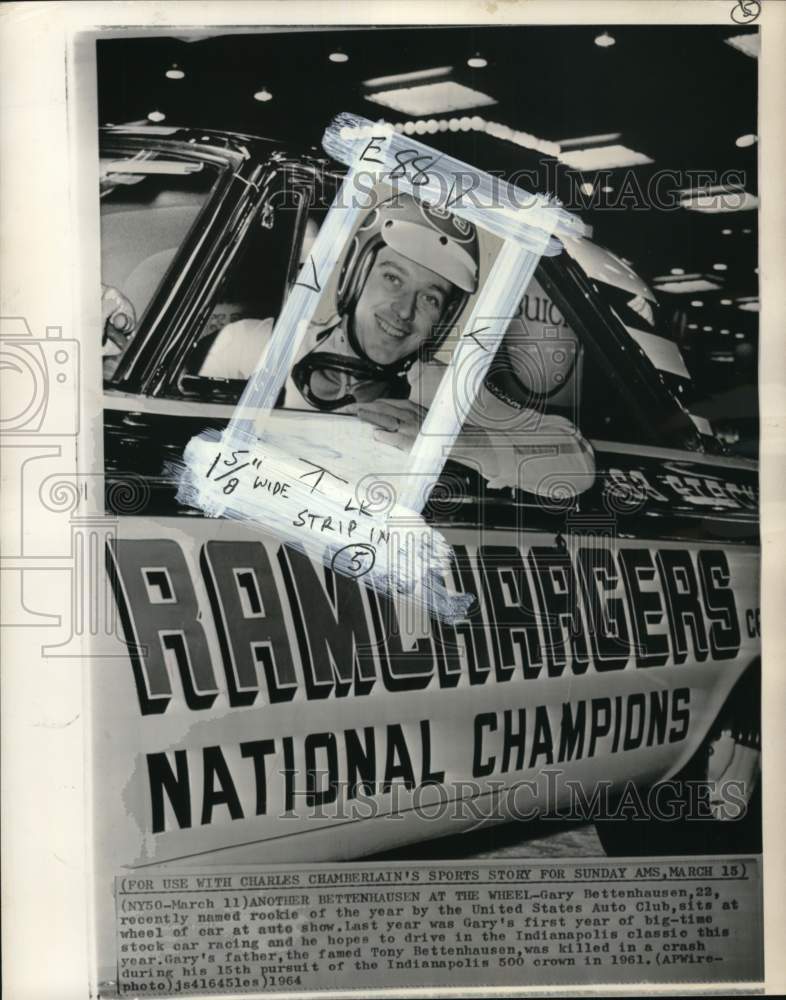 1964 Car racer Gary Bettenhausen peeks out the window of car at show-Historic Images