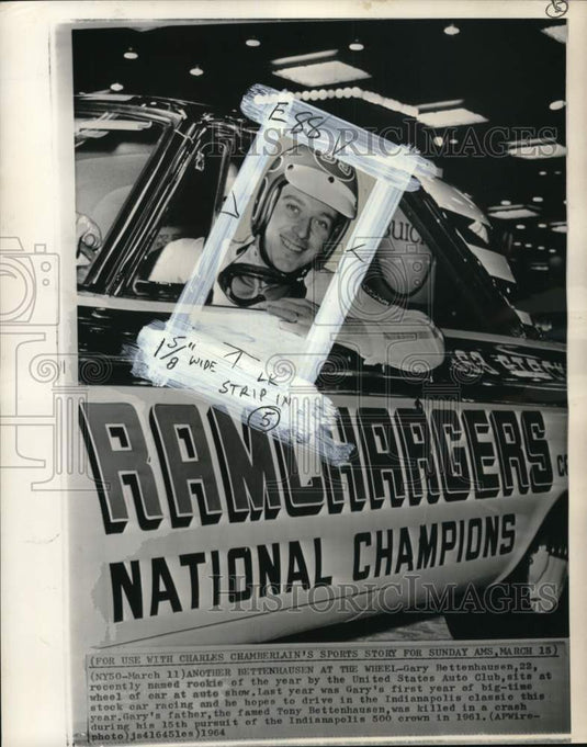 1964 Car racer Gary Bettenhausen peeks out the window of car at show-Historic Images