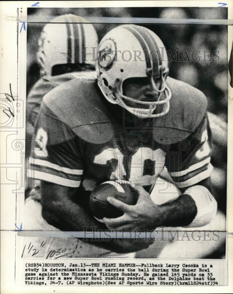 1974 Press Photo Miami Dolphins&#39; football player Larry Csonka, Super Bowl, TX - Historic Images