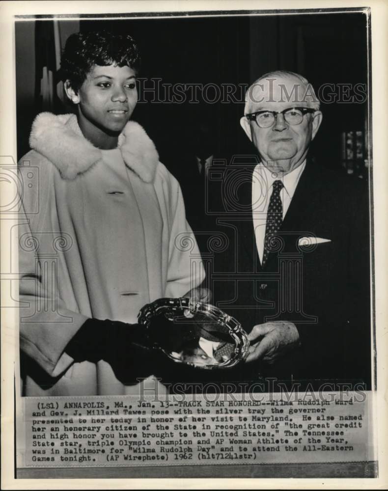 1962 Press Photo Athlete Wilma Rudolph &amp; Gov. J. Millard Tawes, Recognition, MD- Historic Images