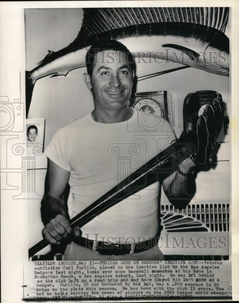 1960 Press Photo Carl Furillo with baseball mementos at his home, California - Historic Images