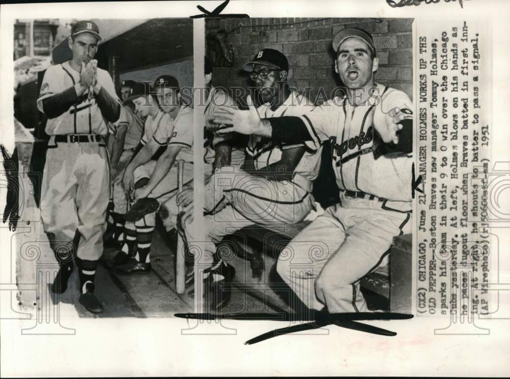 1951 Press Photo Braves&#39; Tommy Holmes, Baseball game with Chicago Cubs, Boston- Historic Images