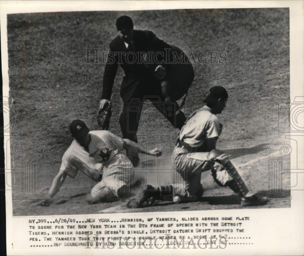 1949 Press Photo Yankees baseball player Tommy Henrich &amp; Swift, Tigers game, NY- Historic Images