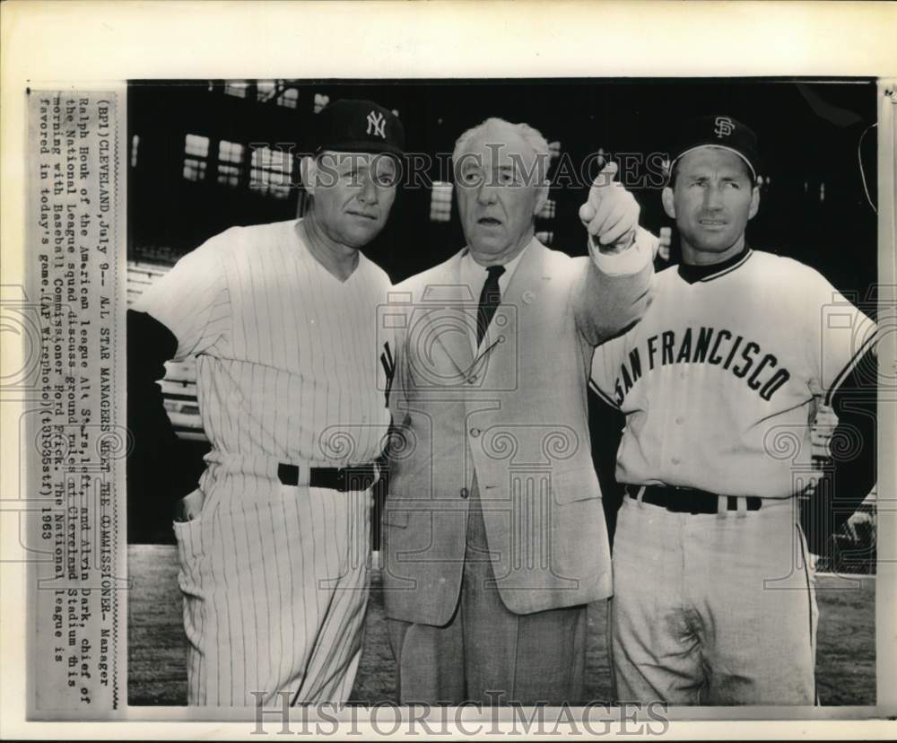 1963 Press Photo Baseball Commissioner Ford Frick, Ralph Houk &amp; Alvin Dark, OH - Historic Images