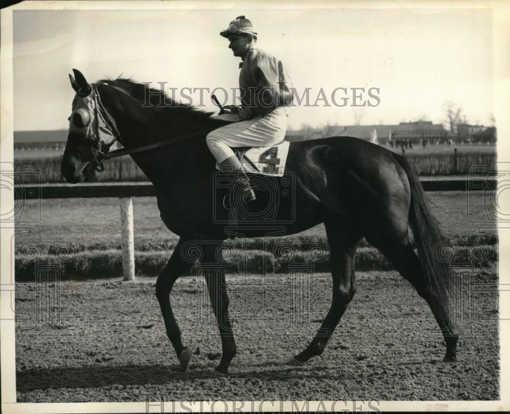 1947 Press Photo Horse Stepfather, jockey Jack Westrope, training for derby, KY- Historic Images