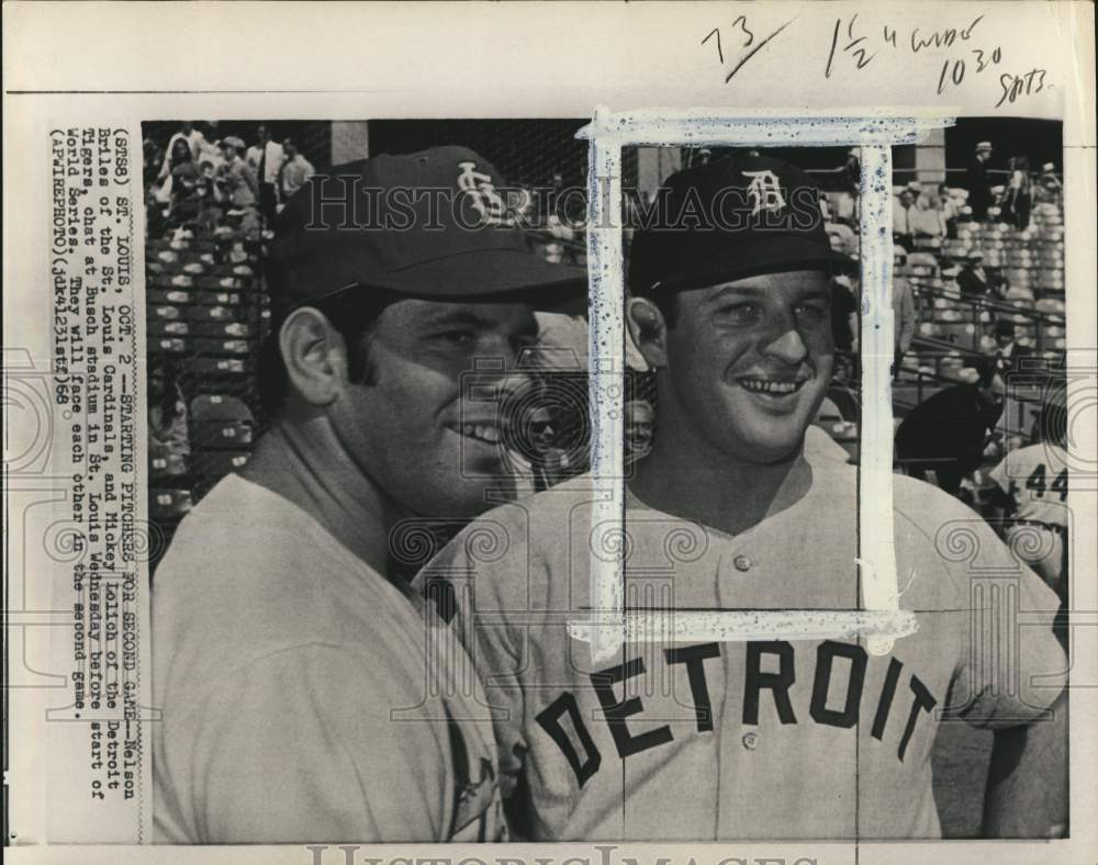 1968 Press Photo Cardinals&#39; Nelson Briles &amp; Tigers&#39; Mickey Lolich, Baseball, MO - Historic Images