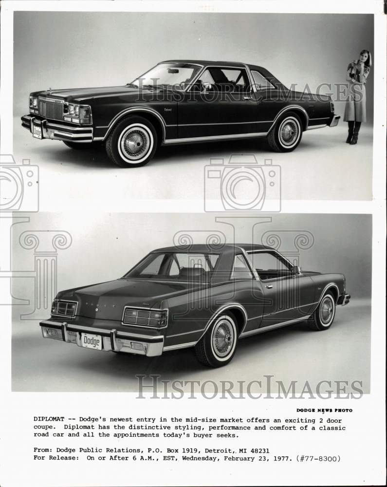 1977 Press Photo Front &amp; back view of Dodge Diplomat Coupe - pix35401 - Historic Images