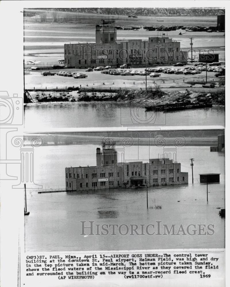 1969 Press Photo Holman airport control tower submerged in flood in St. Paul, MN - Historic Images