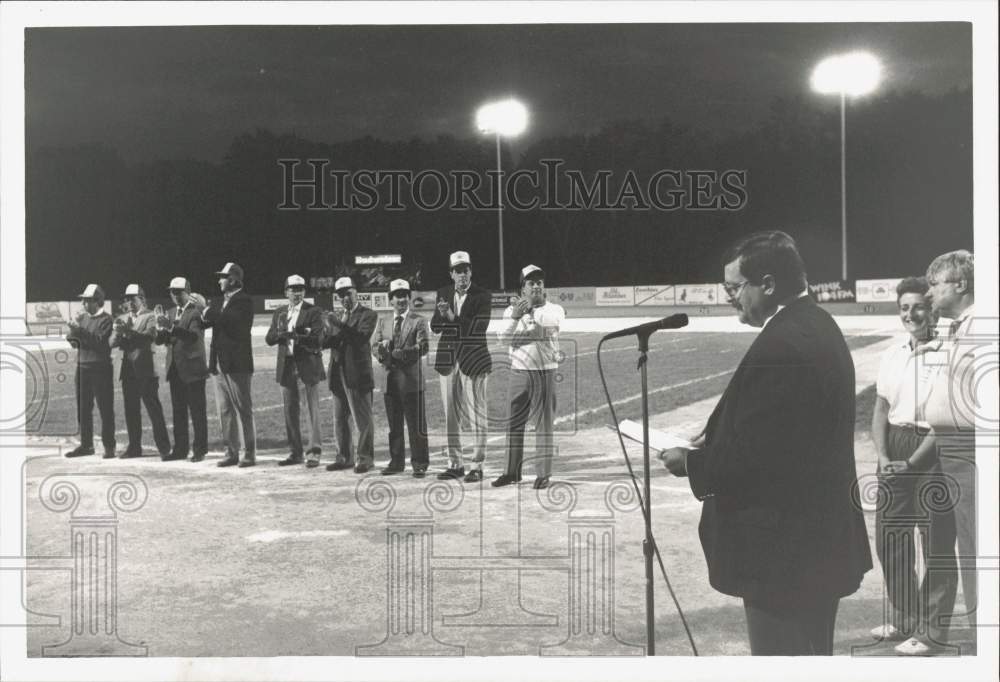1987 Press Photo Mayor Steve Reed and Officials at Riverside Baseball Stadium - Historic Images