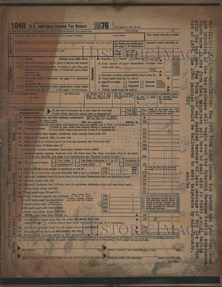1976 U.S. Income Tax Return Form - Historic Images