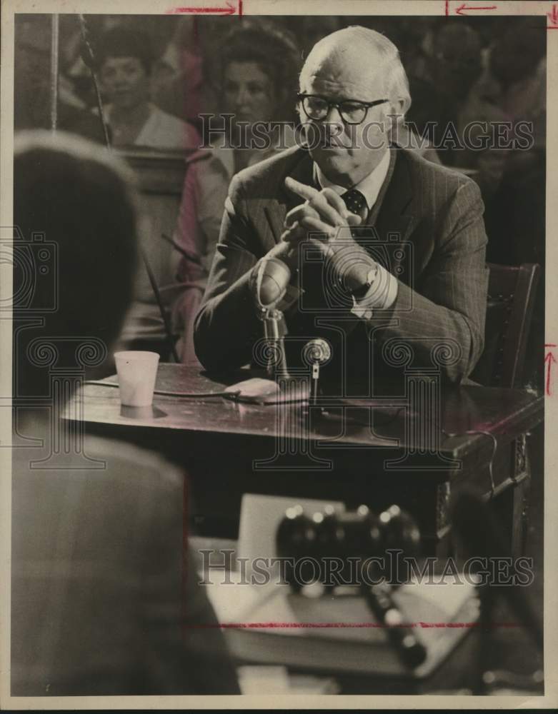 1974 Mayor Charles Becker sitting at microphone, Texas - Historic Images