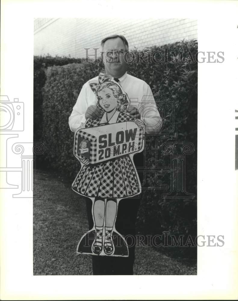1990 Press Photo Gingham Girl School Crossing Cutout, David Brown holding sign- Historic Images