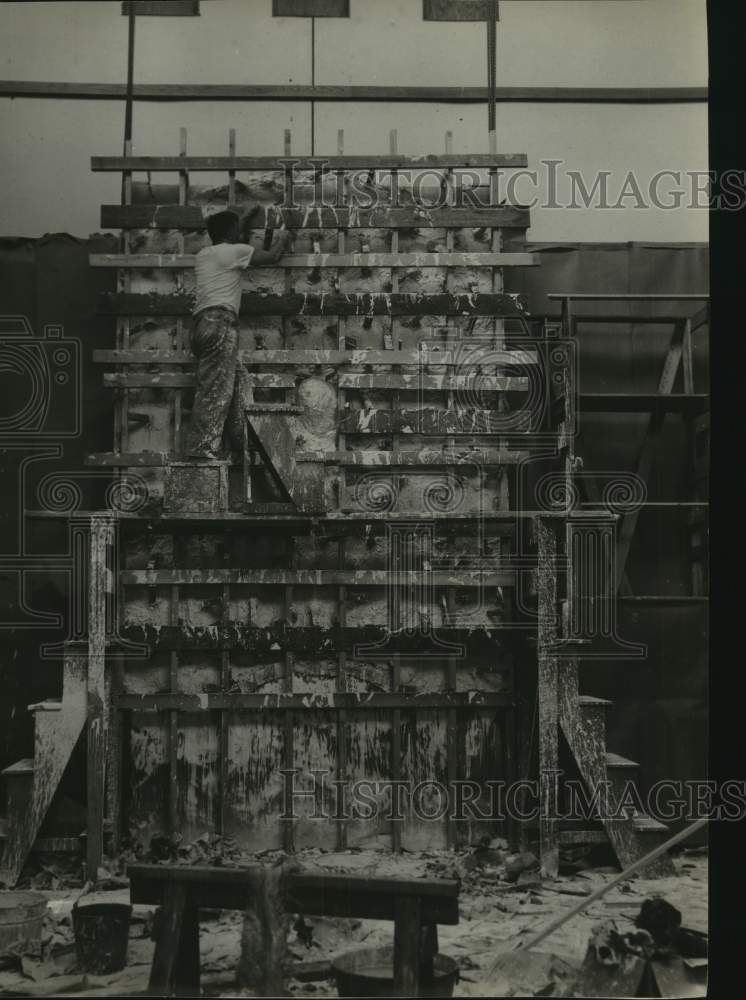 Professor Coppini on scaffold working on sculpture, Texas - Historic Images
