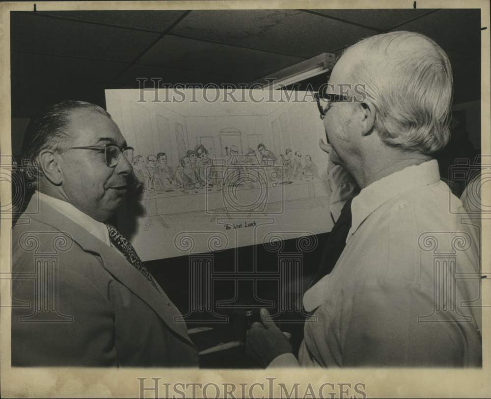 1975 Press Photo Jerry Erler, Charles Becker with The Last Supper cartoon - Historic Images