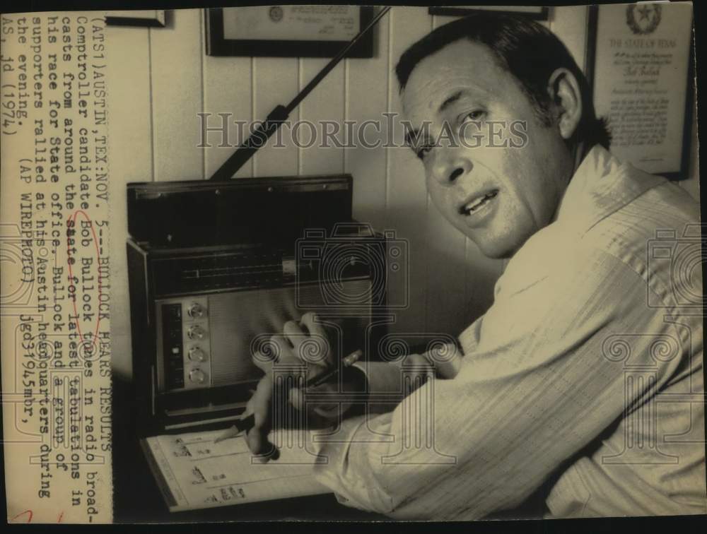 1974 Comptroller Candidate Bob Bullock tunes in radio broadcasts - Historic Images