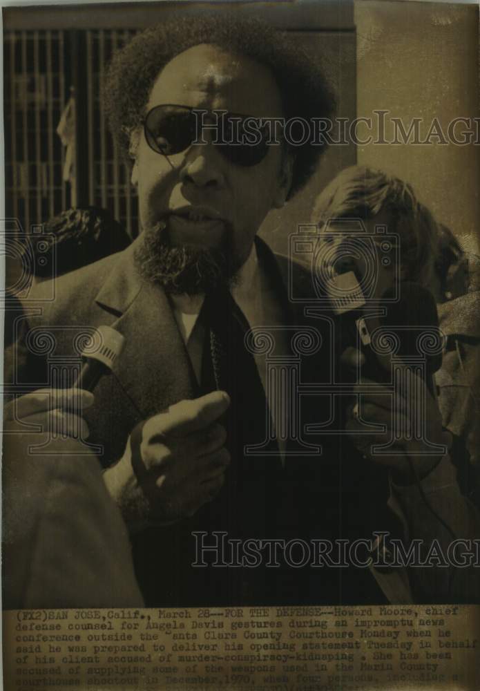 Howard Moore, Chief Defense Counsel for Angels Davis gestures - Historic Images