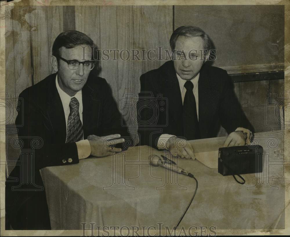 1975 Joe Bice Fox, New General Manager speaks at Event with man - Historic Images