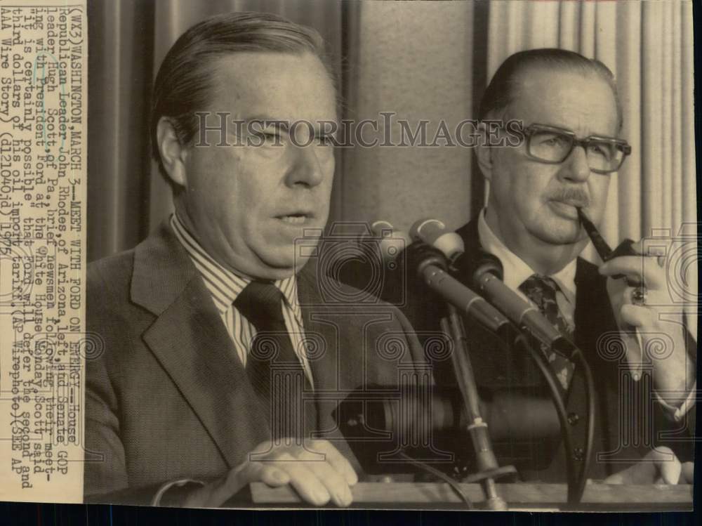 1975 Press Photo John Rhodes and Hugh Scott at White House briefing, Washington - Historic Images