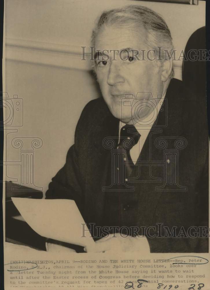 1974 Press Photo Peter Rodino reading White House letter, Washington - saa25943- Historic Images