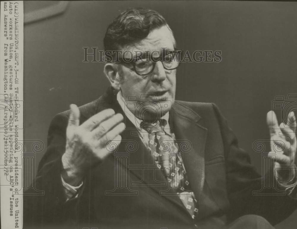 1972 Press Photo Leonard Woodcock appearing on "Issues and Answers," Washington - Historic Images
