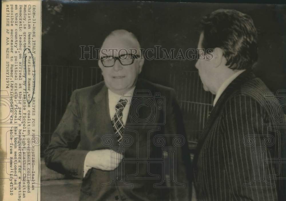 1974 Press Photo Italian leaders Mariano Rumor and Flaminio Piccoli, Italy - Historic Images