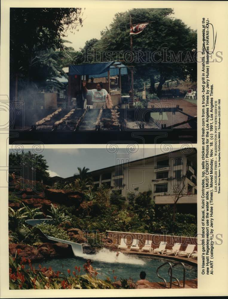 1991 Press Photo Kuini Contrades selling food and guests on waterslide, Hawaii - Historic Images