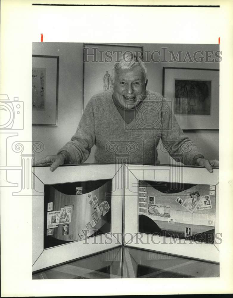 1984 Press Photo Joe Salek with framed display of stamps, Texas - Historic Images