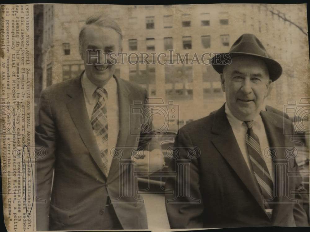 1974 John N Mitchell with his lawyer at federal court in New York - Historic Images