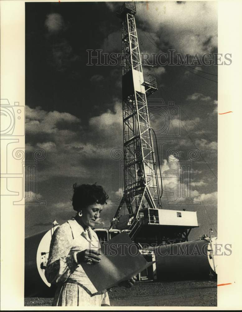 1980 Irene Wischer named Outstanding Woman, next to tower, Texas-Historic Images