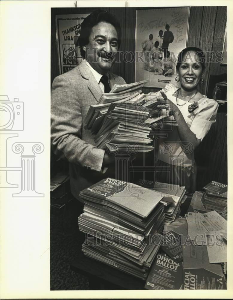 1984 Rudy Trevino with stacks of Tejano Music Awards Ballots, Texas-Historic Images