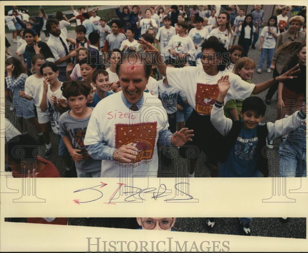 1994 Mayor Nelson Wolff exercising with students, Texas-Historic Images