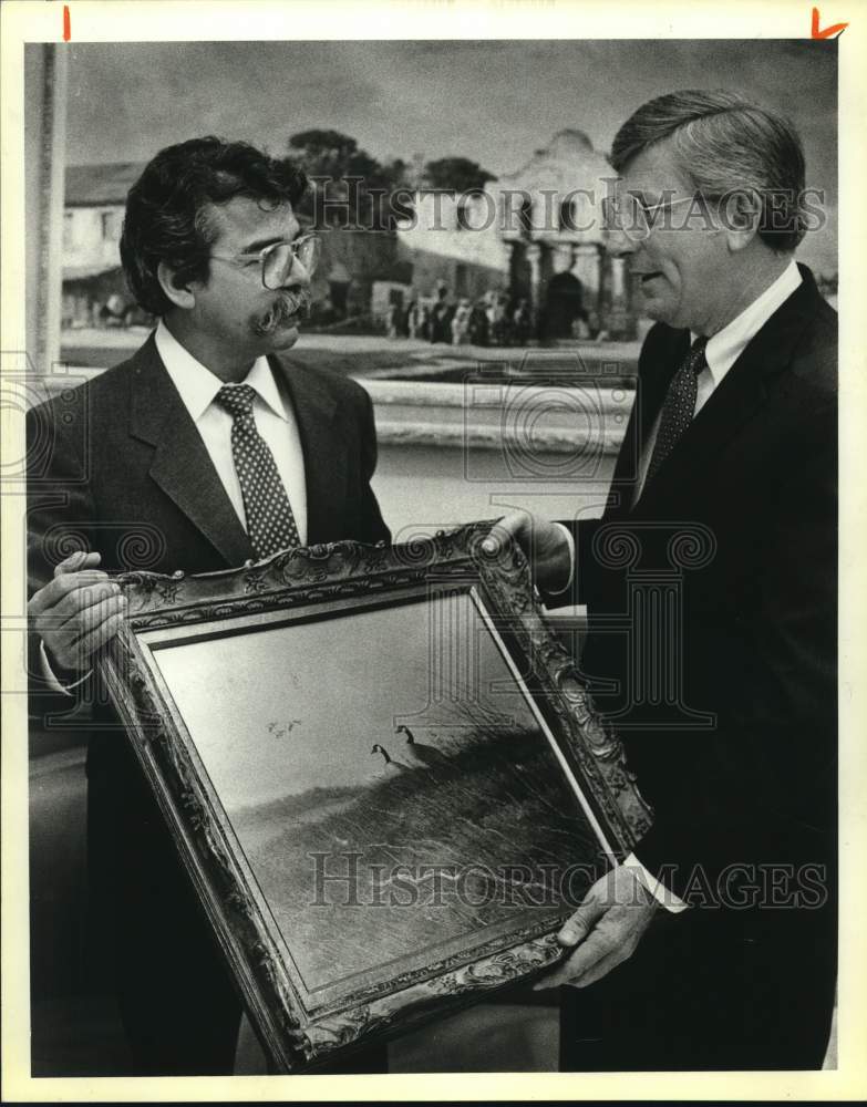 1983 Paul Gutierrez, artist, with painting and Governor Mark White-Historic Images
