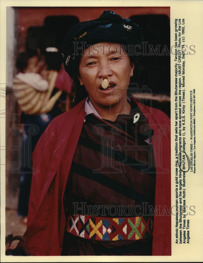 1992 Nepalese woman with gold nose ring in Bhutan-Historic Images