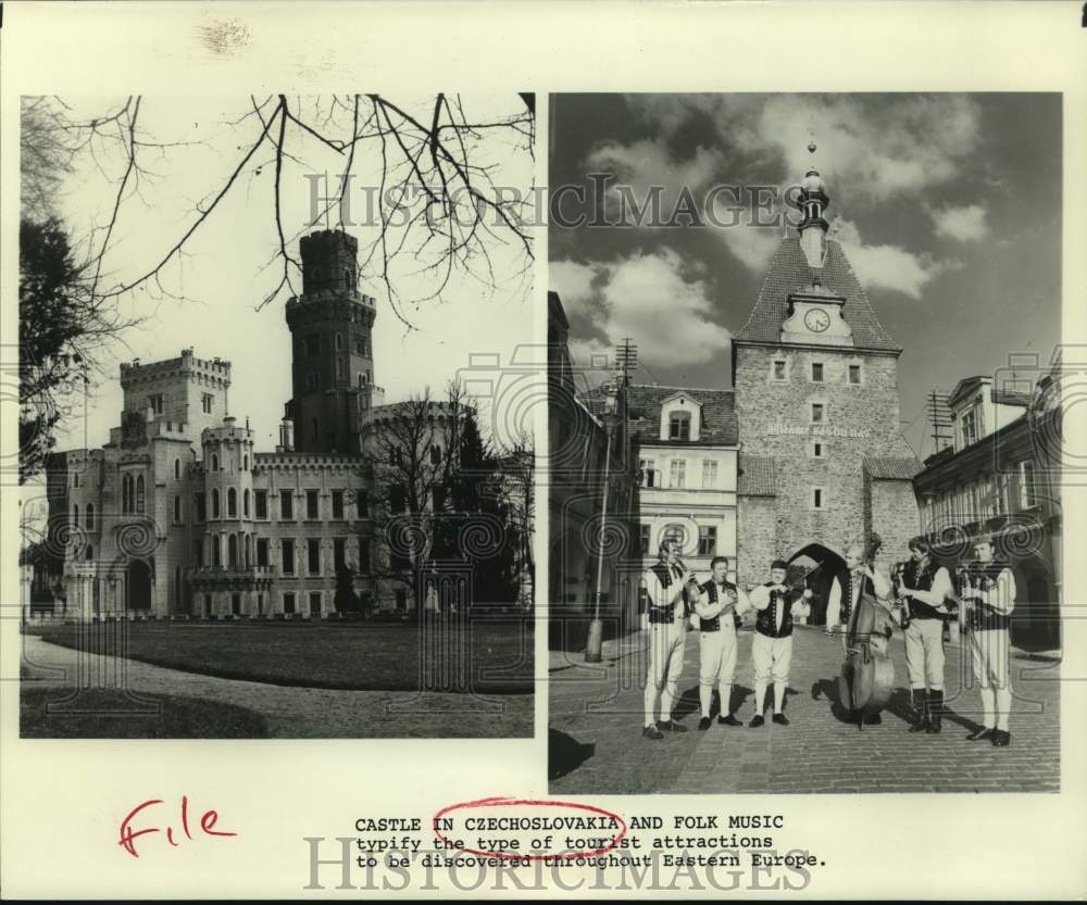 Castle in Czechoslovakia and folk music performers draw tourists-Historic Images