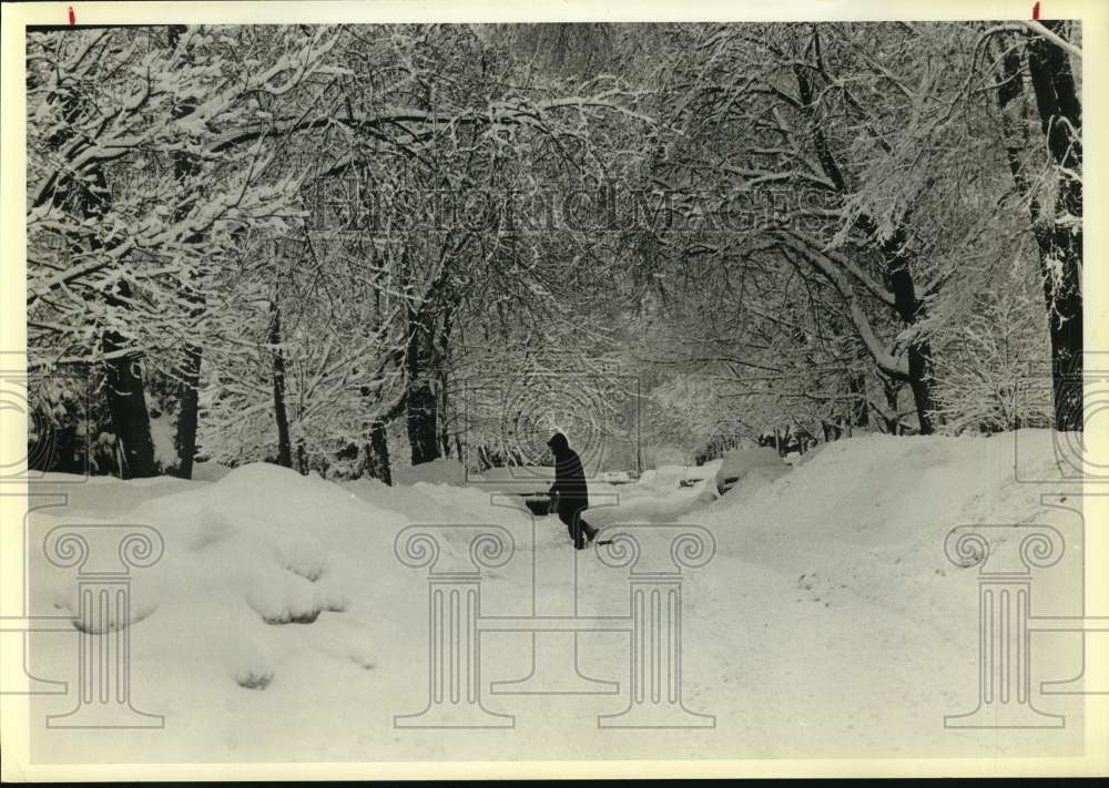 1979 Pedestrian walks through heavy Chicago snow-Historic Images
