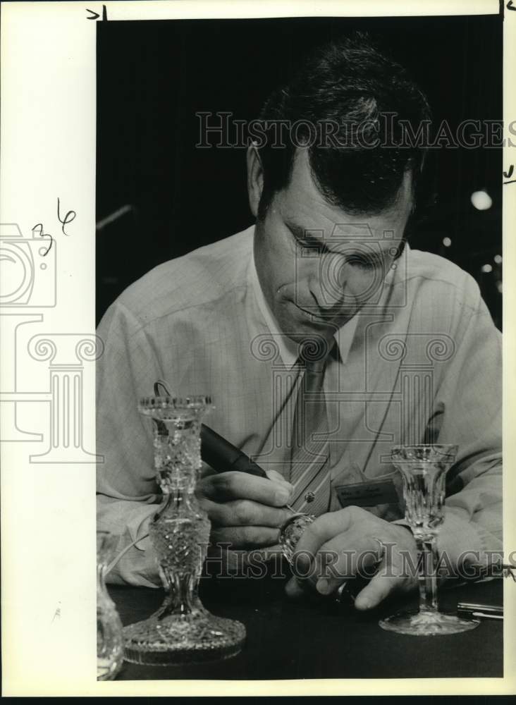 1986 Noel J. Jacob, master glass cutter for Waterford Crystal, Texas-Historic Images