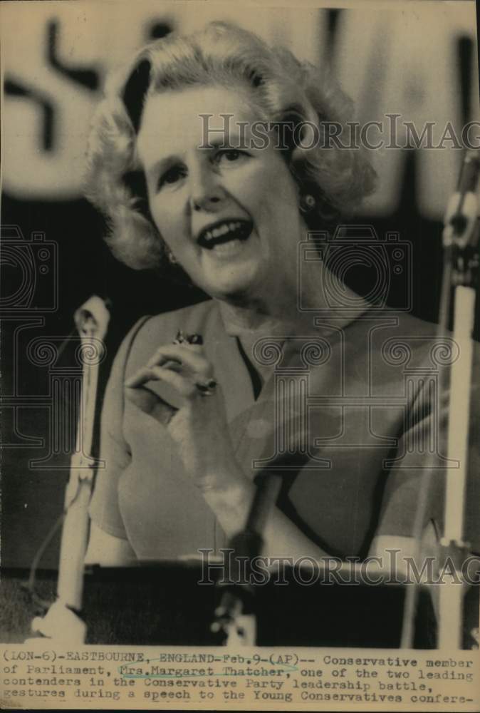 Margaret Thatcher gestures during speech to Young Conservatives-Historic Images