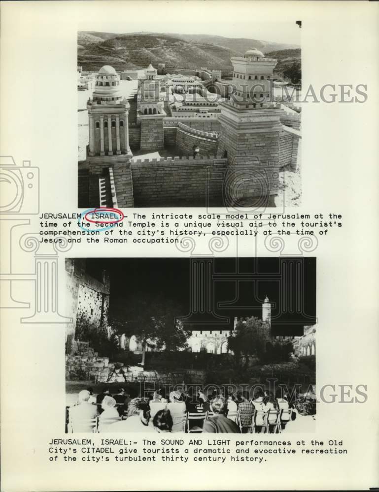 Scale model of old Jerusalem in contrast to Old City&#39;s Citadel-Historic Images