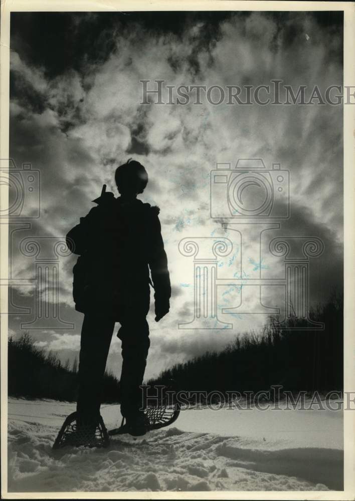 Snowshoer silhouetted against a crystalline Alaska skyline.-Historic Images