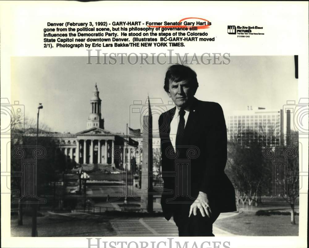 1992 Former Senator Gary Hart stands at Colorado State Capitol.-Historic Images