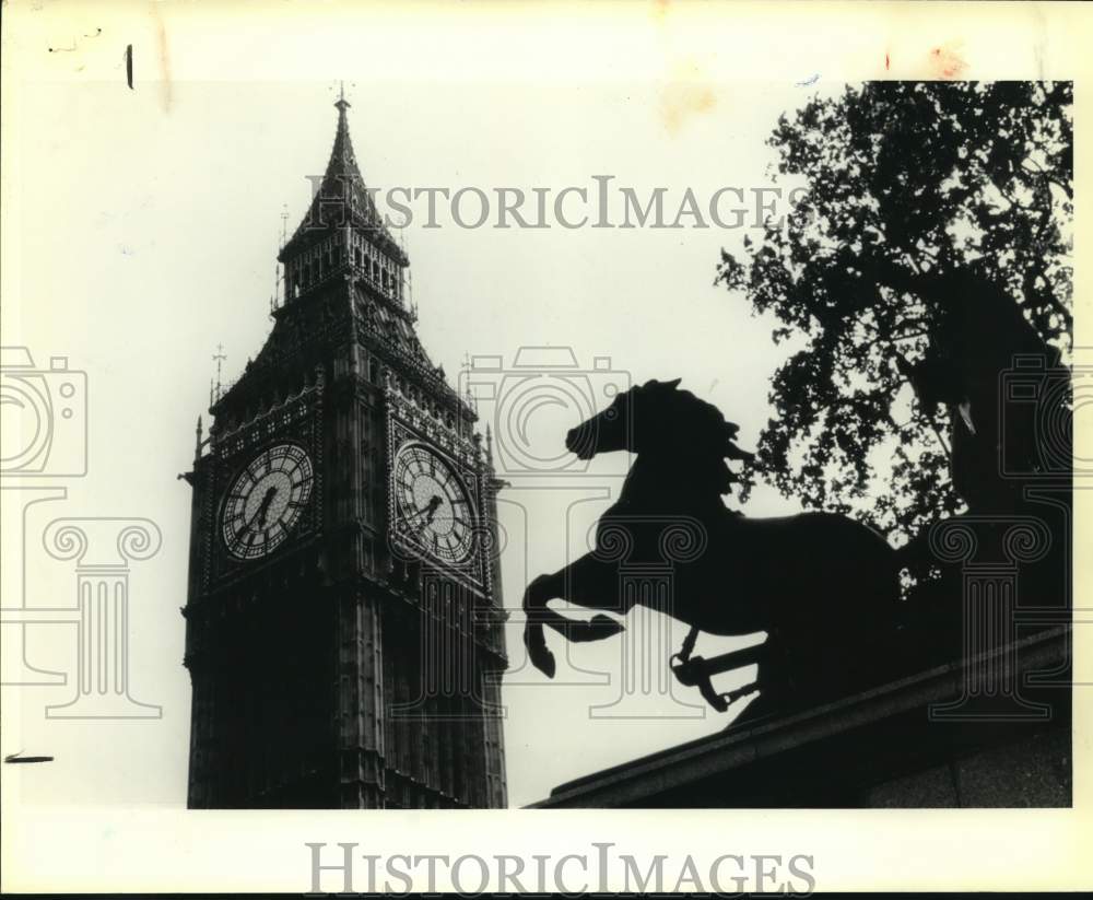 Horse statue with Big Ben in background in London.-Historic Images