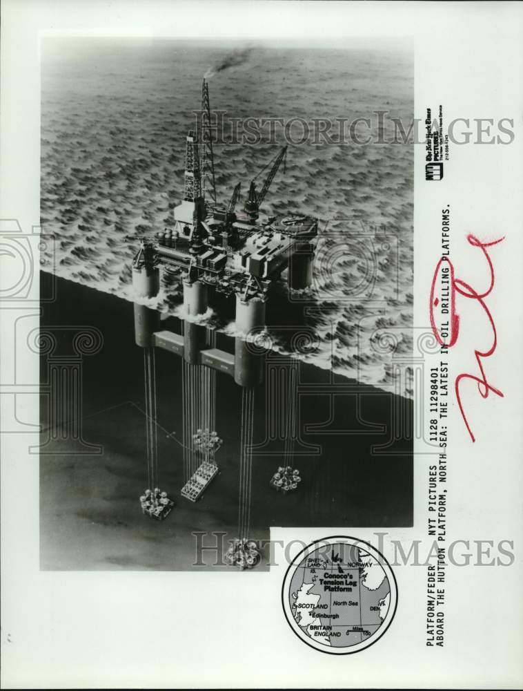 1984 Hutton Platform, North Sea, latest in oil drilling-Illustration-Historic Images