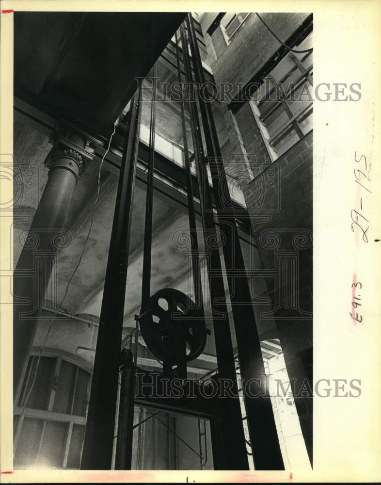View of elevator cables in the San Antonio Museum of Art, Texas-Historic Images