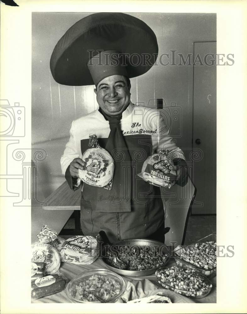 The Mexican Gourmet displays his tortilla fixings.-Historic Images