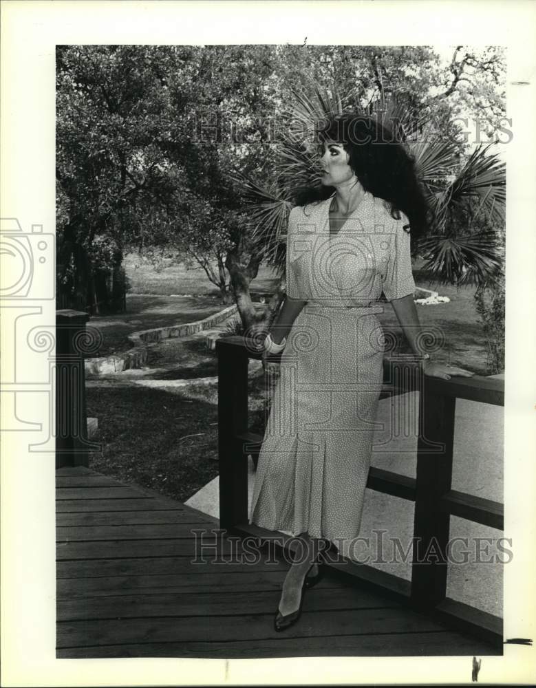 Charlotte Hernden modeling silk dress, Texas-Historic Images