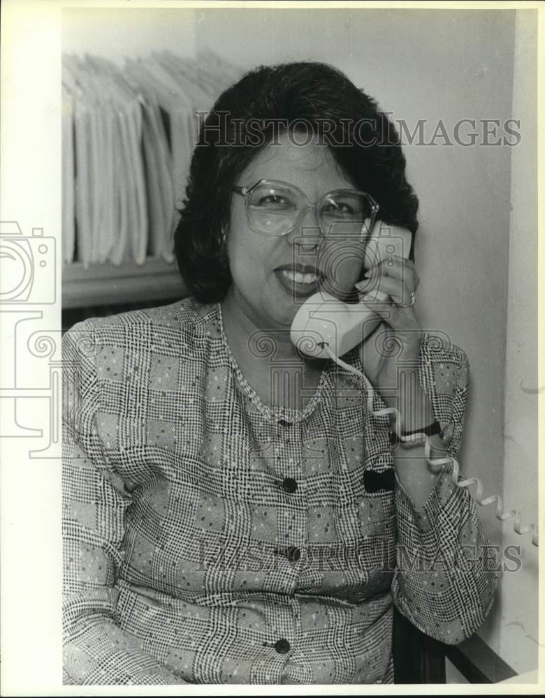 1989 Mary Esther Hernandez, on phone, is Woman of the Year-Historic Images