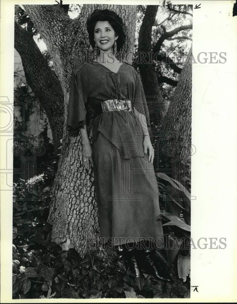 1985 Lucille Hooker modeling fringed suede dress, Texas-Historic Images