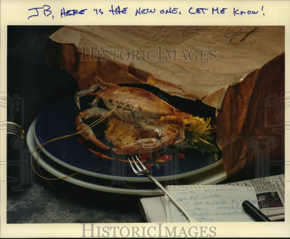 Crab presented on a dinner plate-Historic Images