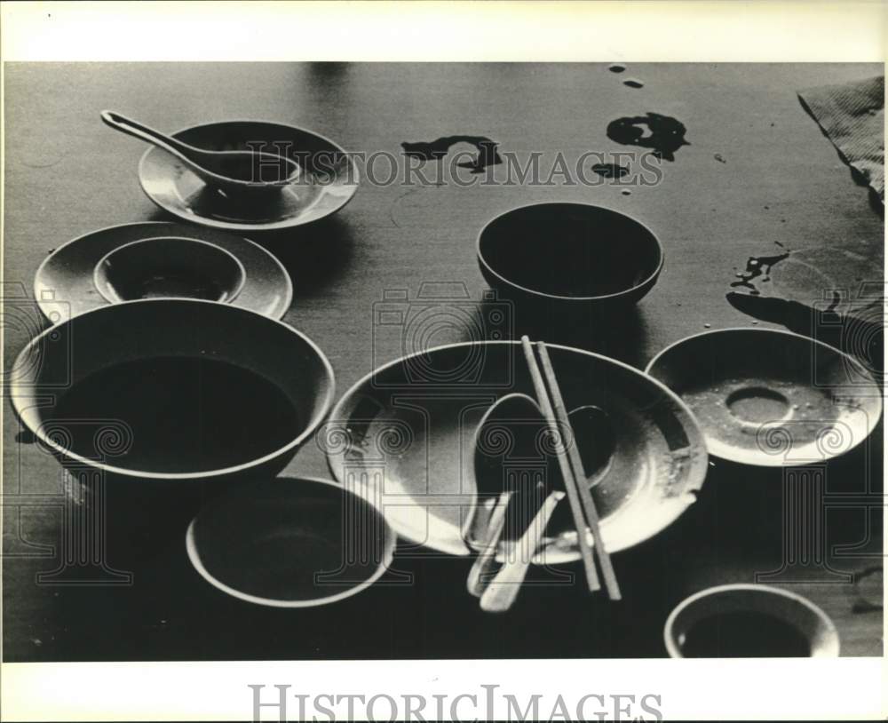 1987 Photo of print with dishes entered in art show, Texas-Historic Images